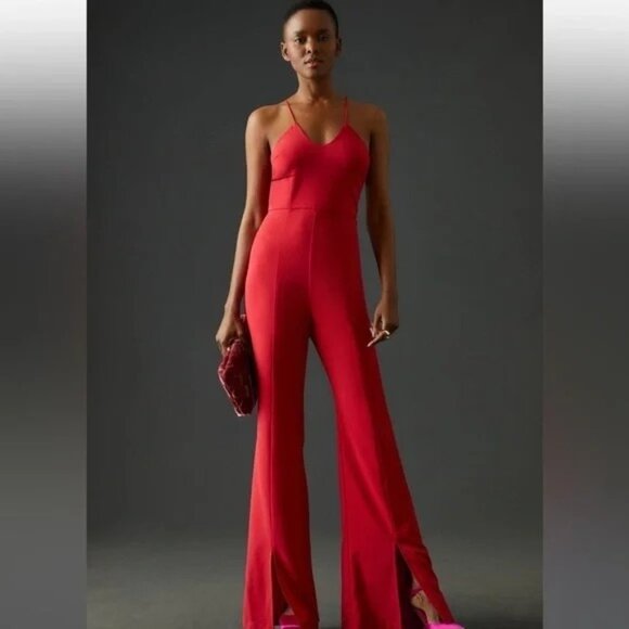 Anthropologie NWT Hutch Flare Front-Slit Jumpsuit Red Size 6 - Picture 1 of 12
